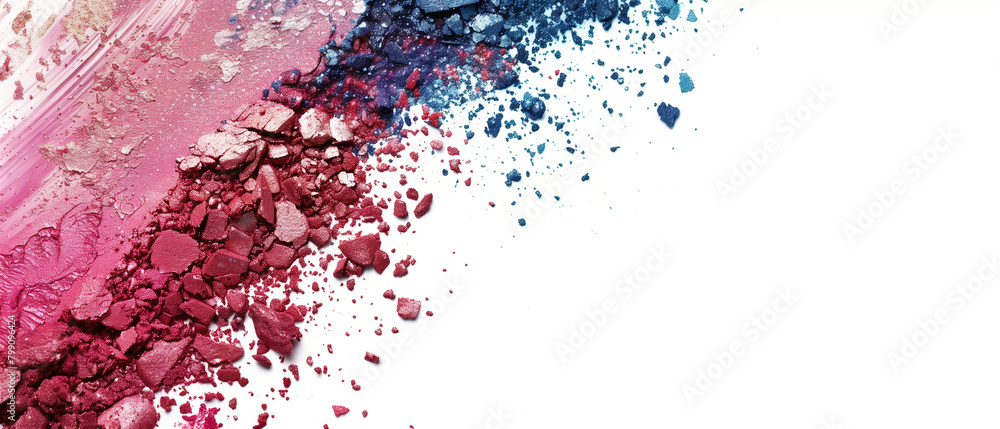 Exploding cosmetics. Vibrant shades of pink and blue eyeshadow with glitter accents. Banner. Generative AI