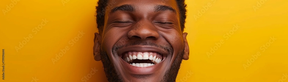 Cheerful man laughing, yellow background, generative AI Cheerful man laughing, yellow background, generative AI
