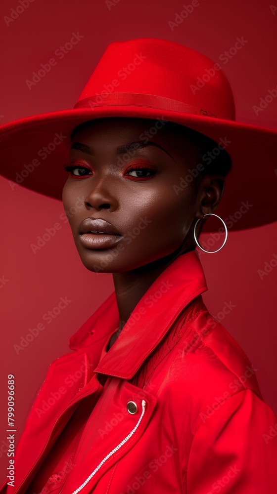 Black woman in red hat, suit, and elegant attire. Portrait, beauty, and aesthetic of South African female model wearing makeup, cosmetics, or edgy, stylish, fashionable clothes.