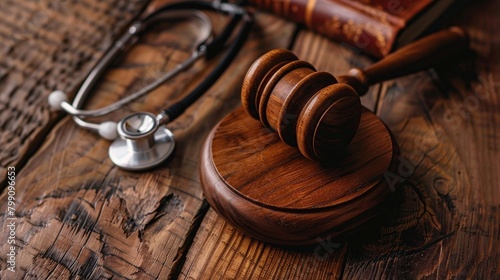 A judge's gavel and stethoscope with a wooden table in the background. Law and medicine concept. photo