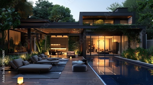 Interior design of a luxurious outdoor garden in the morning, with teak wood deck and black pergola. View in the evening with sofas and lounge chairs by the pool photo