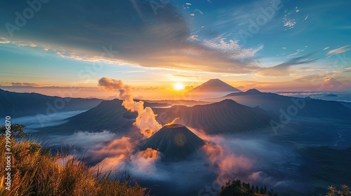 Panoramic sunrise at volcano mountain. Top view.