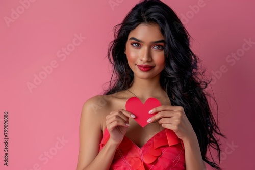 Woman, paper heart and face in studio portrait for makeup, beauty or romantic sign by red background. Girl, fashion model, and cardboard emoji who loves cosmetics, Valentine's Day, and aesthetics