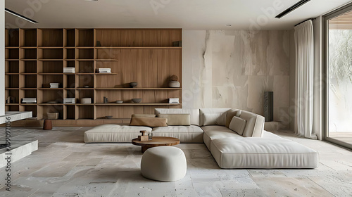 minimalist family room with natural stone flooring featuring a white couch, brown chair, and wood s