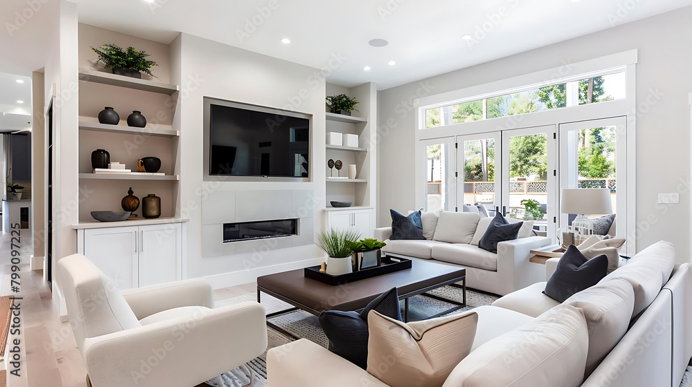 minimalist family room with recessed lighting featuring a white couch, black television, and a vari
