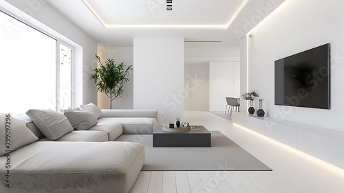 minimalist family room with recessed lighting featuring a black television, white walls, ceiling, a