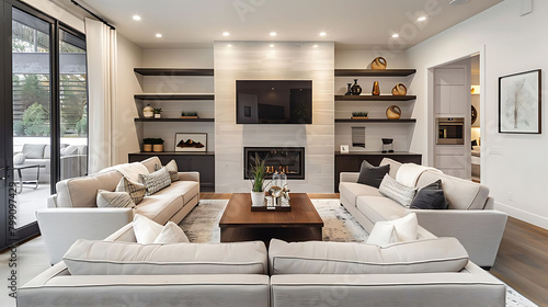 minimalist family room with recessed lighting, featuring a white couch adorned with gray and white photo