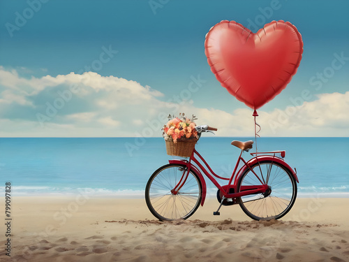 Bicycle vintage with heart balloon on beach blue sky concept of love in summer and wedding