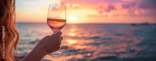 A female hand holds a glass of wine against the background of the sea