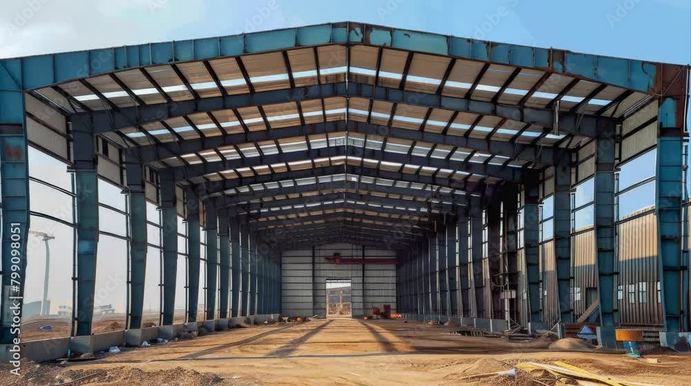 Steel frame workshop is under construction Empty steel structure of building.Vast Steel Skeleton of an Industrial Workshop Under the Vivid Blue Sky. Steel frame workshop is under construction Empty steel structure of building.Vast Steel Skeleton of an Industrial Workshop Under the Vivid Blue Sky.