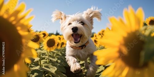 Playful dog jumps through field of sunflowers, concept of Freedom © koldunova