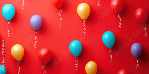 Vibrant Multicolored Balloons Floating on Bright Red Background  Top View 3D Rendering for Stock Photo Market