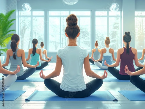 A group of women are sitting in a yoga class. The woman in the center is looking at the camera