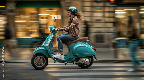 A young man joyfully rides a scooter through a city street surrounded by buildings, radiating the pleasure of travel and vacation. She is smiling, immersed in the urban scenery.