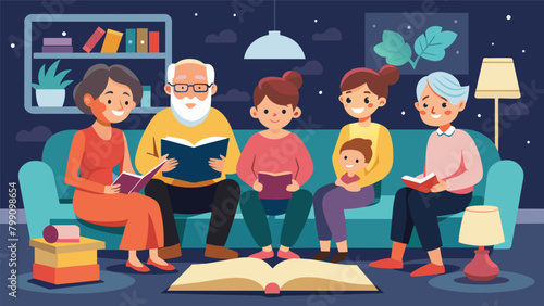 A living room transformed into a cozy storytime setting with multiple generations of a family snuggled together as they listen to their ancestors. Vector illustration