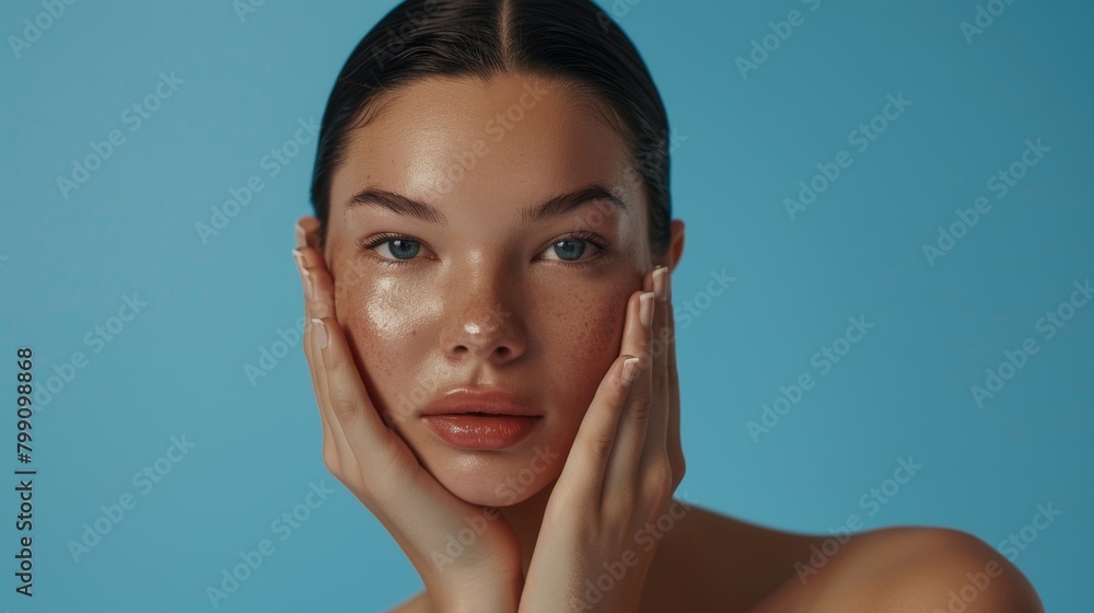 Facial, hand, and lady skincare on blue background for salon spa beauty, wellness, and cosmetics. Health-conscious makeup, facial, and studio model with laser or clean glow dermatology Facial, hand, and lady skincare on blue background for salon spa beauty, wellness, and cosmetics. Health-conscious makeup, facial, and studio model with laser or clean glow dermatology