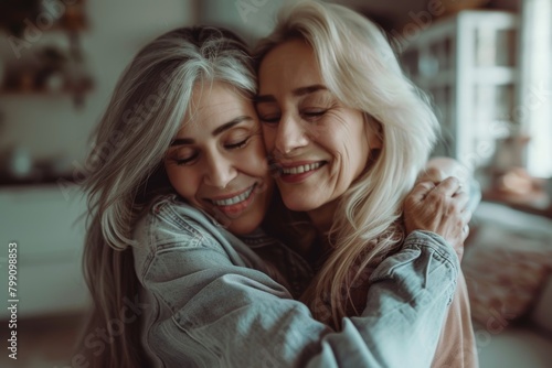 In their home, a woman comforts and hugs her mother for peace and support. At home, a happy, smiling girl embraces her mature mother with care and tenderness.