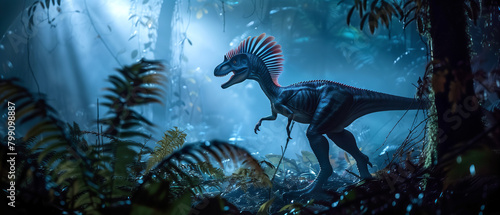 a lone dilophosaurus silhouetted against the moonlight, its colorful crests illuminated by the soft glow as it prowls through the shadows of a dense jungle photo