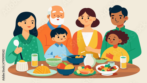 A family gathers for a traditional meal each dish representing a different aspect of their diverse ancestry and cultural heritage.. Vector illustration