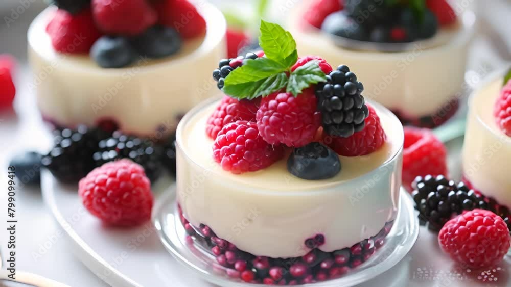 Dessert cups filled with creamy panna cotta and garnished with fresh raspberries, blackberries, and blueberries on a white plate Dessert cups filled with creamy panna cotta and garnished with fresh raspberries, blackberries, and blueberries on a white plate