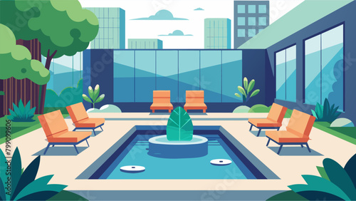 A zen garden in the office courtyard complete with comfortable seating and a soothing water feature for employees to find tranquility during their. Vector illustration