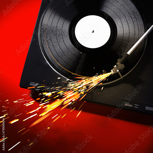 Hot sparks flying from a vinyl record when played on a turntable. Creative concept. 3d rendering image