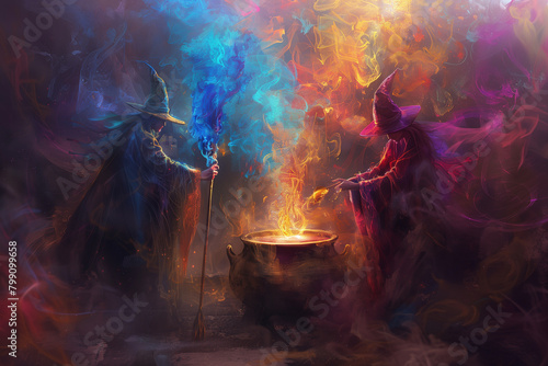 Two friends, a wizard and a witch, brewing a mysterious potion in a cauldron amidst a haze of colorful swirling vapors. photo