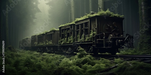 The forest grows on wagons of moving freight train, concept of Cargo transportation