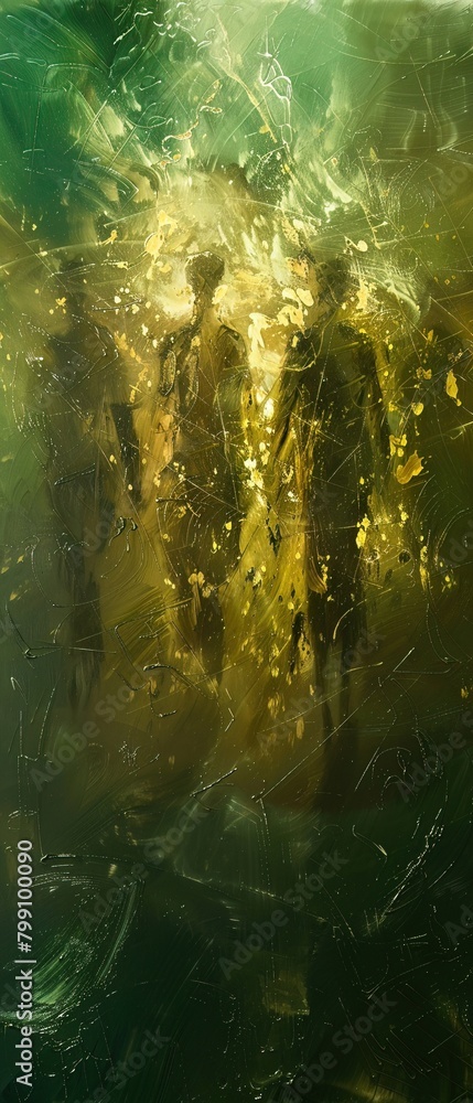 Abstract figures stand in unity, a web of interaction under a cascade of light Abstract figures stand in unity, a web of interaction under a cascade of light