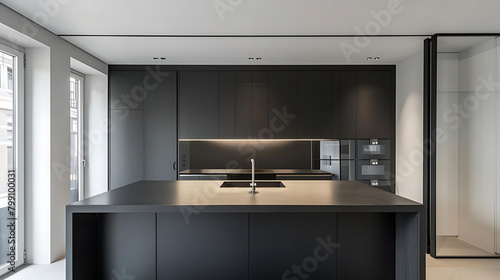 minimalist kitchen with integrated appliances featuring a white window, silver faucet, and gray cou