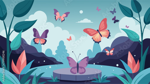 As if in a secret meeting butterflies gather in a tranquil corner of the garden their gentle whispers creating a symphony of peaceful sound.. Vector illustration