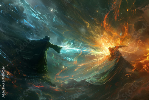 A wizard dueling with a dark, cloaked figure amidst swirling shadows, their wands clashing with bursts of colorful magical sparks.