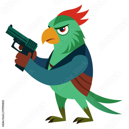  illustration of a parrot perched proudly with a gun in its beak or talons, symbolizing unexpected strength and defiance