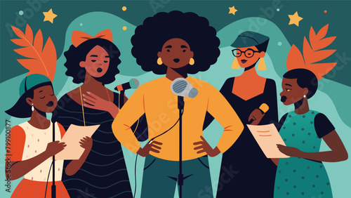 A virtual poetry slam where poets perform pieces that honor the resilience and strength of the Black community.. Vector illustration