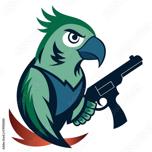  illustration of a parrot perched proudly with a gun in its beak or talons, symbolizing unexpected strength and defiance