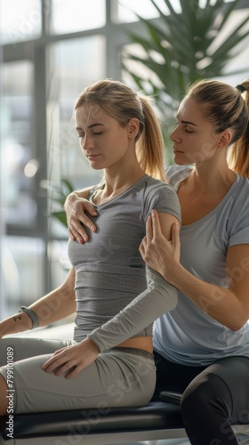 Chiropractic, physiotherapy, and woman's back pain during massage, physical treatment, and recovery. Therapist consults client at health and wellness chiropractic spa