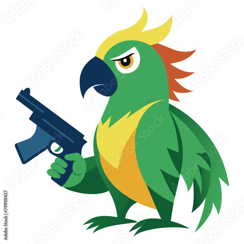  illustration of a parrot perched proudly with a gun in its beak or talons, symbolizing unexpected strength and defiance