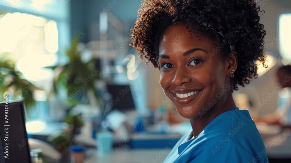 Computer, nurse and black woman typing in hospital for healthcare reports or telehealth. Healthy, joyful female doctor with desktop for writing, research, or online consultation Computer, nurse and black woman typing in hospital for healthcare reports or telehealth. Healthy, joyful female doctor with desktop for writing, research, or online consultation