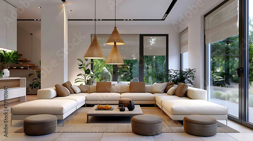 minimalist living room with l - shaped sofas, a coffee table, and a potted plant the room features