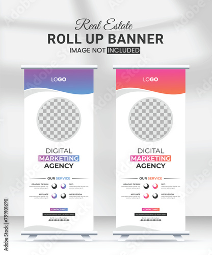 clean corporate business rollup banner design template with abstract colorful shapes