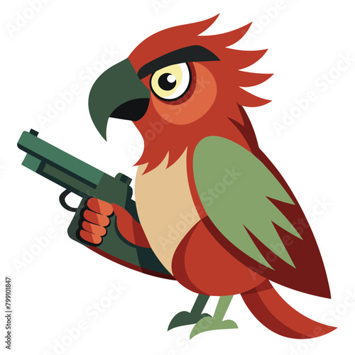  illustration of a parrot perched proudly with a gun in its beak or talons, symbolizing unexpected strength and defiance