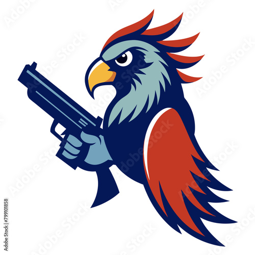  illustration of a parrot perched proudly with a gun in its beak or talons, symbolizing unexpected strength and defiance