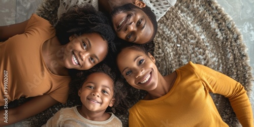 Top view, family, portrait smiling when bonding or having fun at home. Parents are happy and children are relaxing on carpets with man and woman, caring or spending time. © LukaszDesign