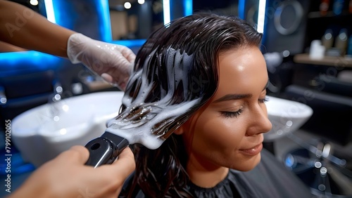 Hairdresser using keratin straightening iron on client's damaged brunette hair. Concept Hairdressing, Keratin Treatment, Straightening Iron, Damaged Hair, Brunette Color