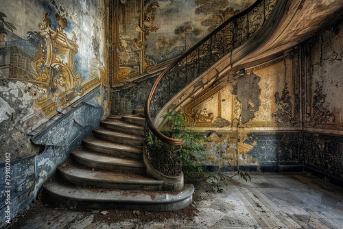 A staircase with a secret passage concealed behind a tapestry