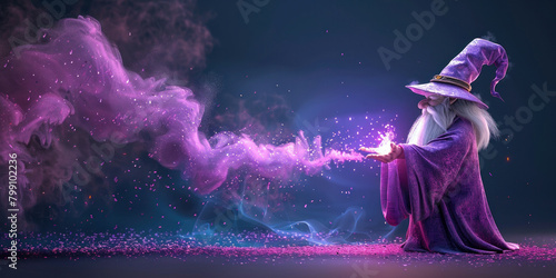 Mysterious wizard casting spell with magic wand in front of swirling purple smoke cloud photo