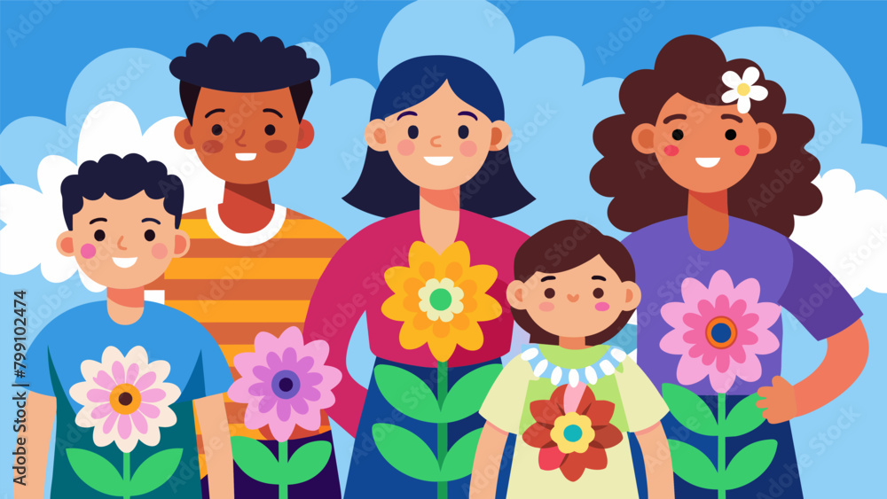 A group of children showcasing their colorful handmade paper flowers with family members proudly displaying them around their necks like a lei. A group of children showcasing their colorful handmade paper flowers with family members proudly displaying them around their necks like a lei.