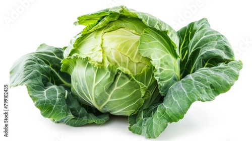 Close up of cabbage head with leaves on white background