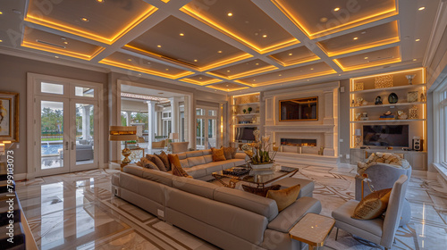 A wide-angle shot captures the expansive living room  where the tray ceiling steals the show with its intricate design 