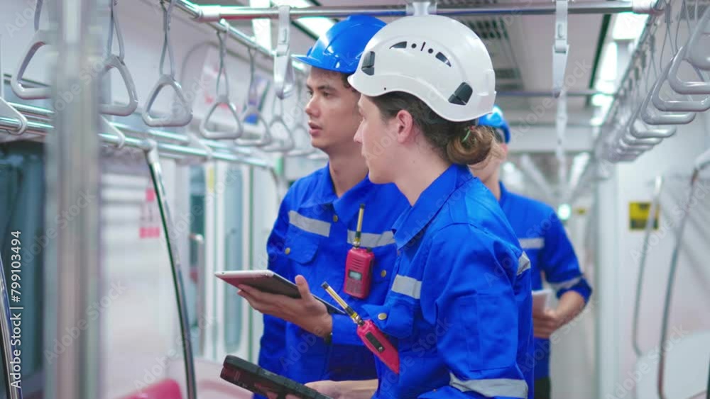 Transit Workers Analyzing Data Inside Train. Transit Workers Analyzing Data Inside Train.